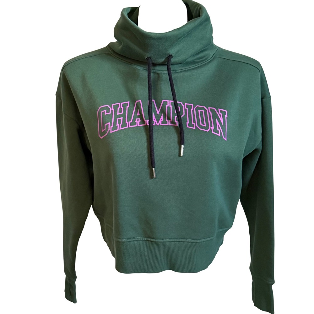 Champion Women Green Cropped Funnel Neck Sweatshirt Purple Logo Pullover Small